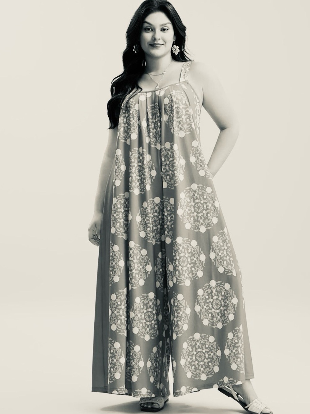 BloomChic Sage and Cream Plus-Size Printed Maxi Jumpsuit